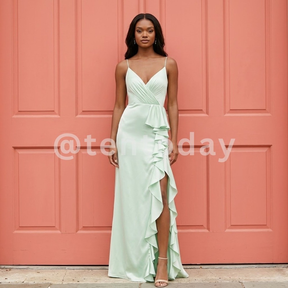 Mac Duggal Size 0 Light Pistachio Mint Green Ruffle Slip Dress Long Maxi Gown